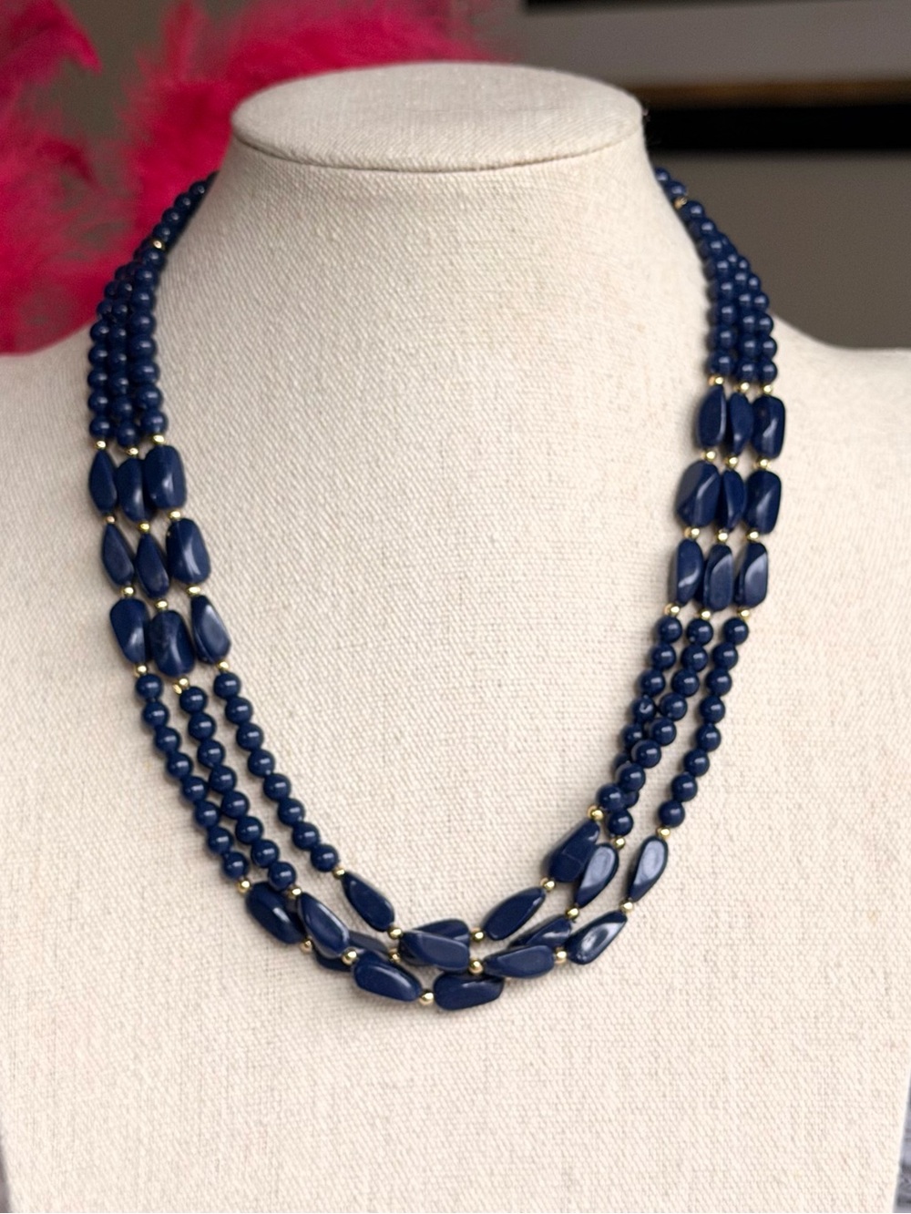 Vintage Navy Blue Triple Strand Beaded Necklace Gold Tone 19.5” Statement